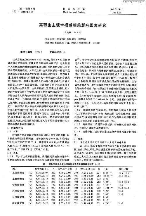 高职生主观幸福感相关影响因素研究