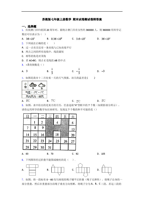 苏教版七年级上册数学 期末试卷测试卷附答案