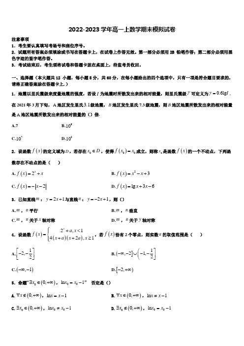 2022-2023学年嘉峪关市重点中学高一上数学期末经典模拟试题含解析