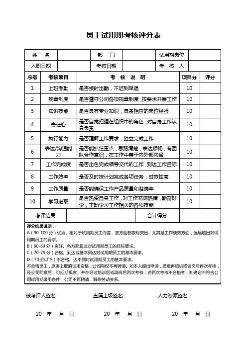 员工试用期考核评分表