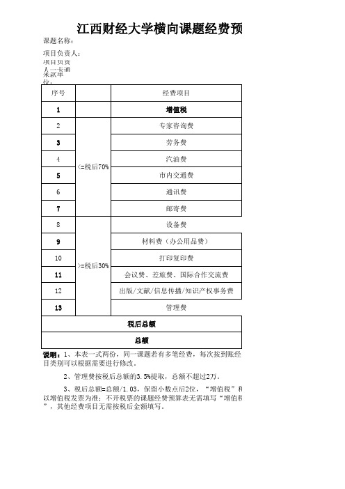 横向课题经费预算表