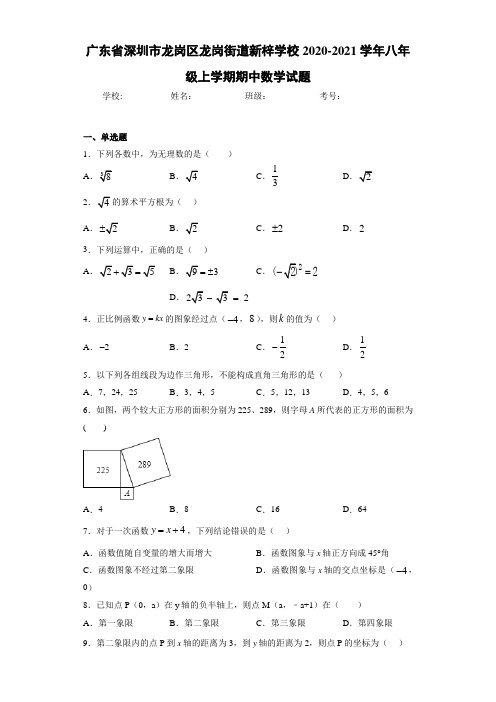 广东省深圳市龙岗区龙岗街道新梓学校八年级上学期期中数学试题