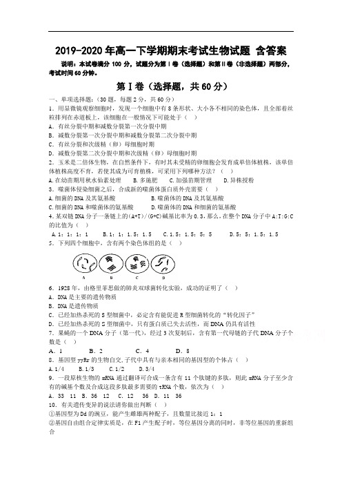 2019-2020年高一下学期期末考试生物试题 含答案