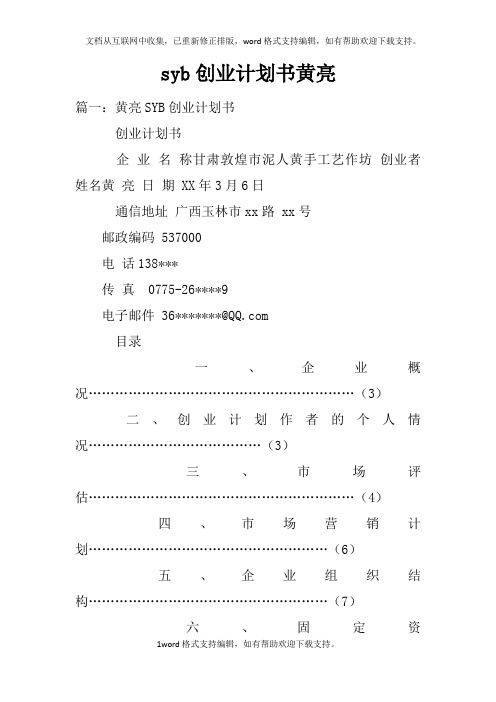 syb创业计划书黄亮