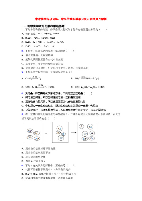 中考化学专项训练：常见的酸和碱单元复习测试题及解析