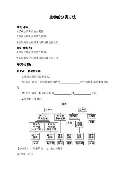 济南版生物七年级上册2.4.1生物分类的方法(导学案)