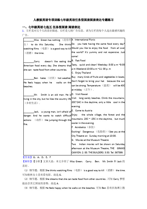 人教版英语专项训练七年级英语任务型阅读阅读表达专题练习