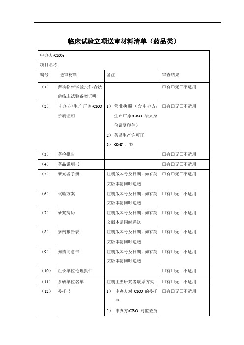 临床试验立项送审材料清单药品类