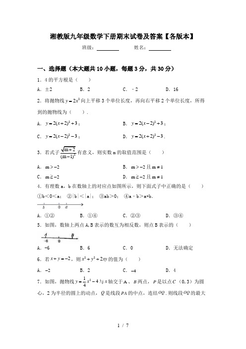 湘教版九年级数学下册期末试卷及答案【各版本】