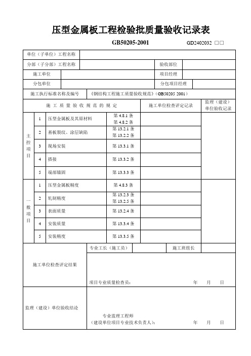 压型金属板工程检验批质量验收记录表