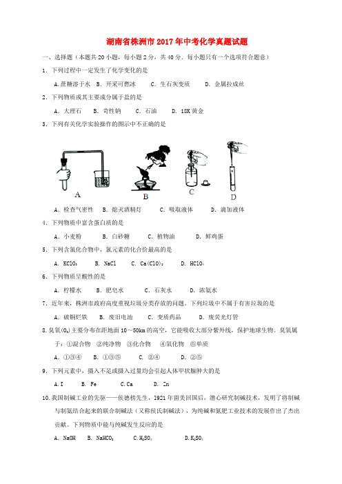 湖南省株洲市2017年中考化学真题试题(无答案)