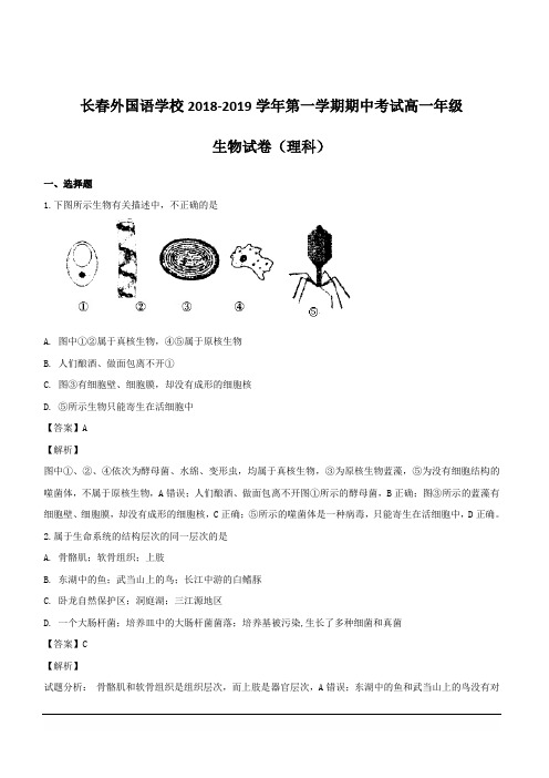 吉林省长春外国语学校2018-2019学年高一上学期期中考试生物试题附答案解析