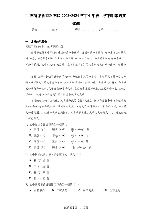 山东省临沂市河东区2023-2024学年七年级上学期期末语文试题