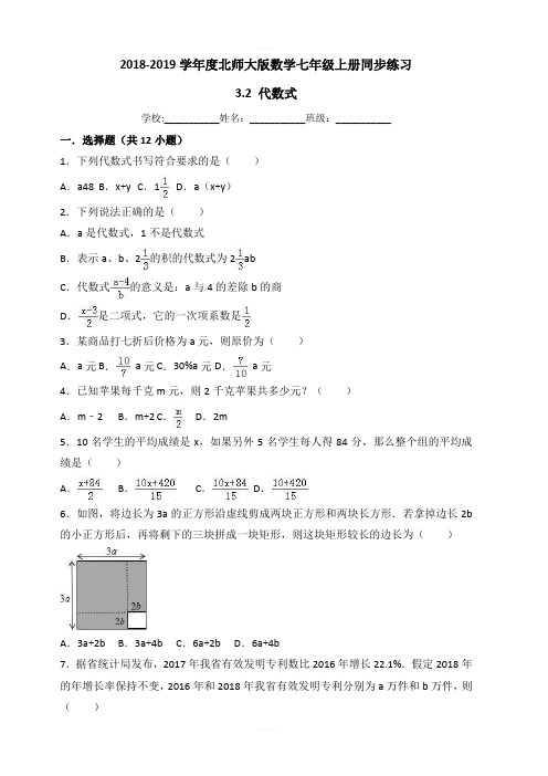 北师大版数学七年级上册3.2 代数式同步练习有答案