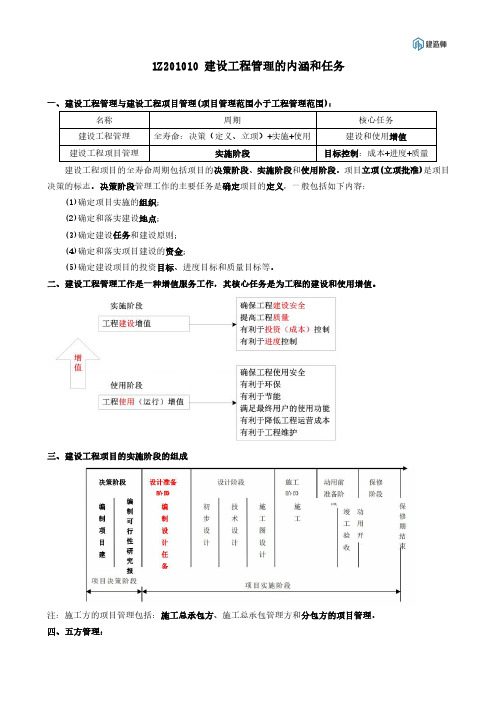 一建《管理》1Z201010 建设工程管理的内涵和任务