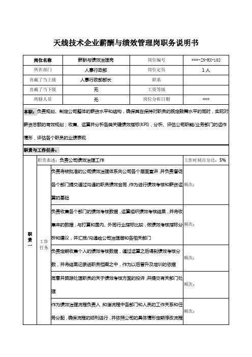 天线技术企业薪酬与绩效管理岗职务说明书