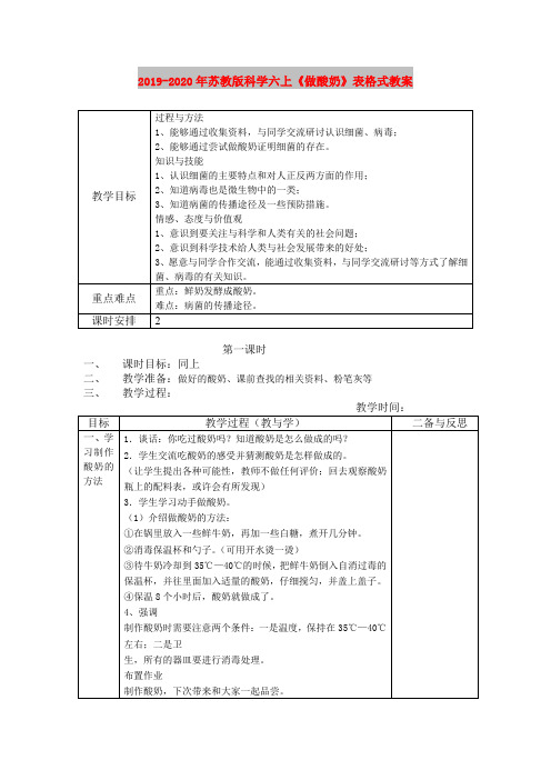 2019-2020年苏教版科学六上《做酸奶》表格式教案