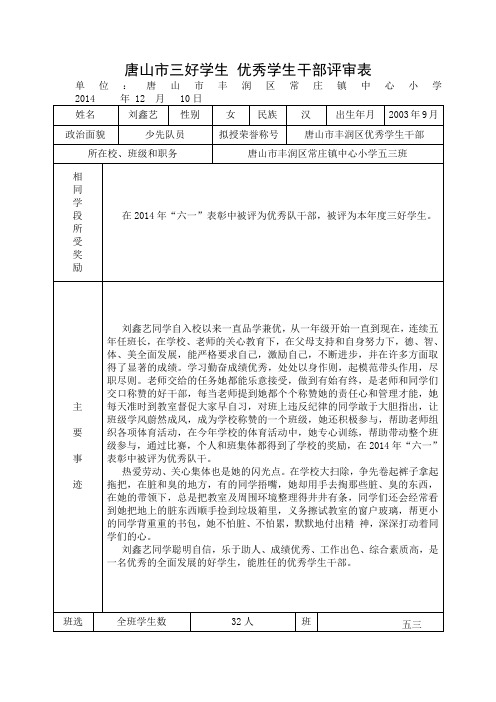 53唐山市三好学生 优秀学生干部评审表