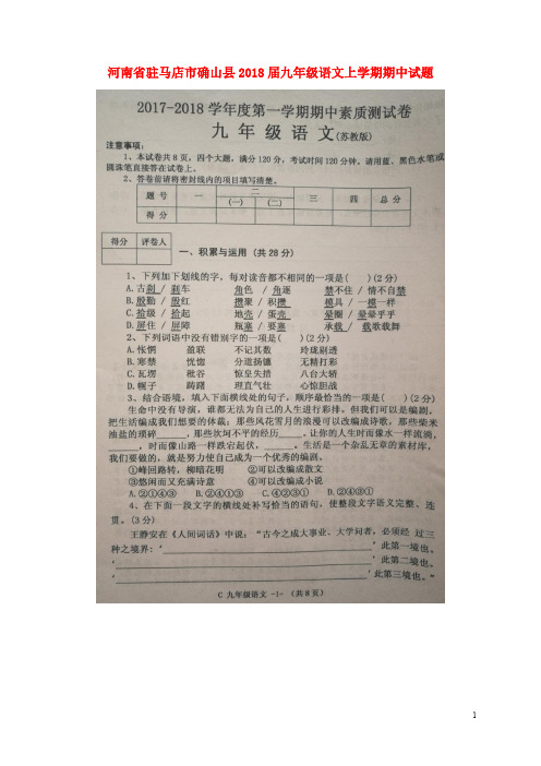 河南省驻马店市确山县九年级语文上学期期中试题(扫描版) 苏教版