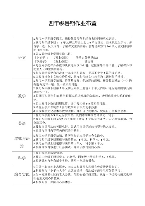 2020年小学四年级暑假作业