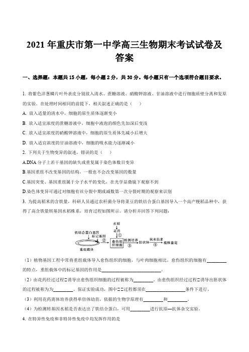 2021年重庆市第一中学高三生物期末考试试卷及答案