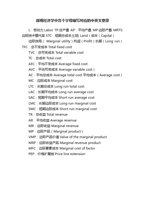 微观经济学中各个字母缩写对应的中英文意思