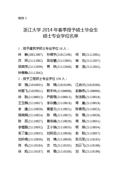 浙江大学2014年春季授予硕士毕业生专业硕士