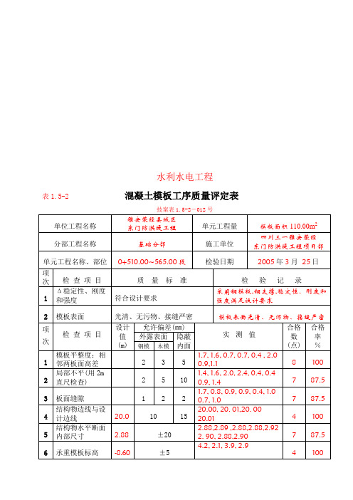 混凝土模板工序质量评定表汇编