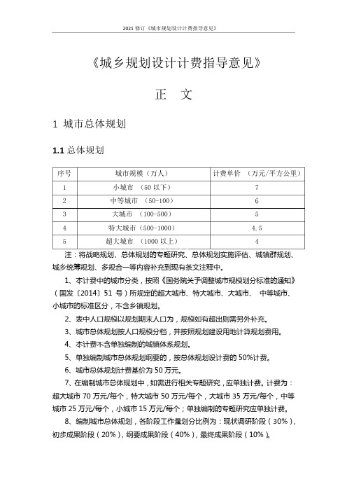 2021年修订城市规划计费指导意见