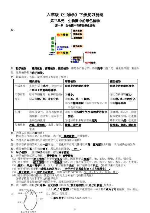 六年级《生物》下册复习提纲