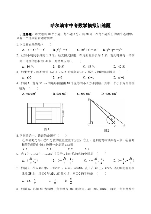 历年哈尔滨市初三数学中考模拟训练题及答案