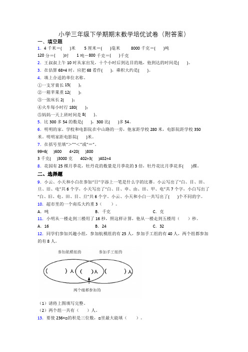 小学三年级下学期期末数学培优试卷(附答案)