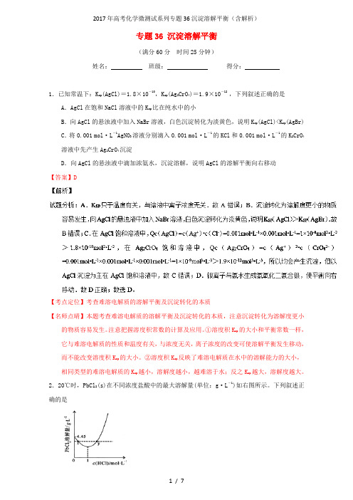 高考化学微测试系列专题36沉淀溶解平衡(含解析)