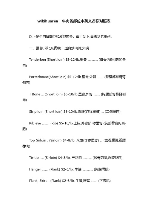 wikihuaren：牛肉各部位中英文名称对照表