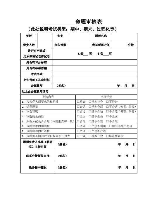 期末考试命题审核表