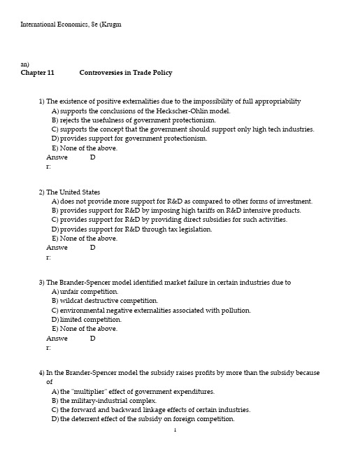 国际经济学英文版上册(第八版)章节练习第十一章