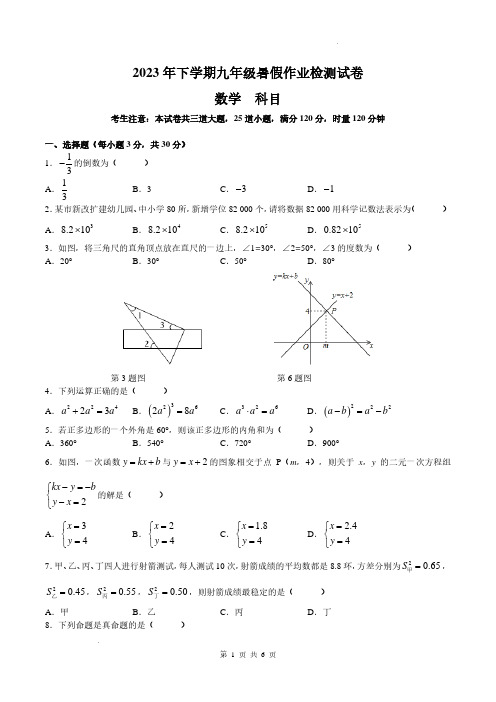 南雅中学2023-2024学年九年级上学期入学考试数学试题(原卷)