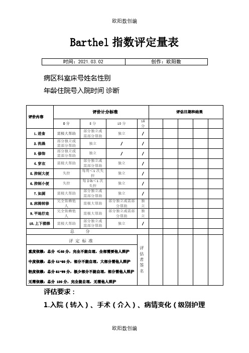 Barthel指数评定量表(原表)之欧阳数创编