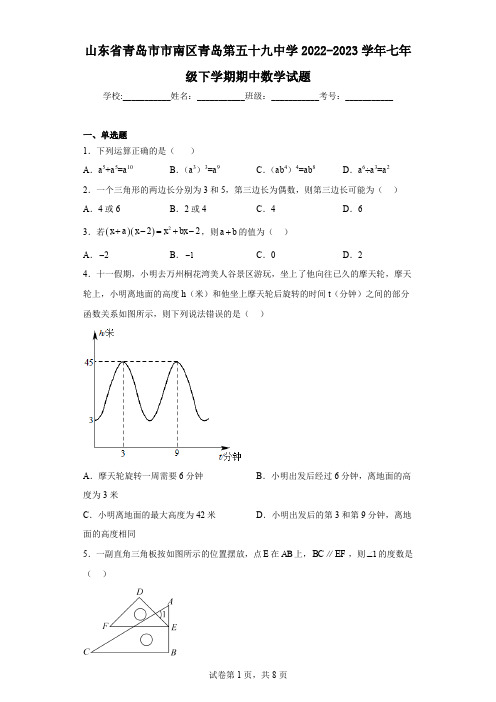 山东省青岛市市南区青岛第五十九中学2022-2023学年七年级下学期期中数学试题