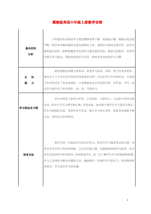 2024学年六年级英语上册教学计划冀教版三起