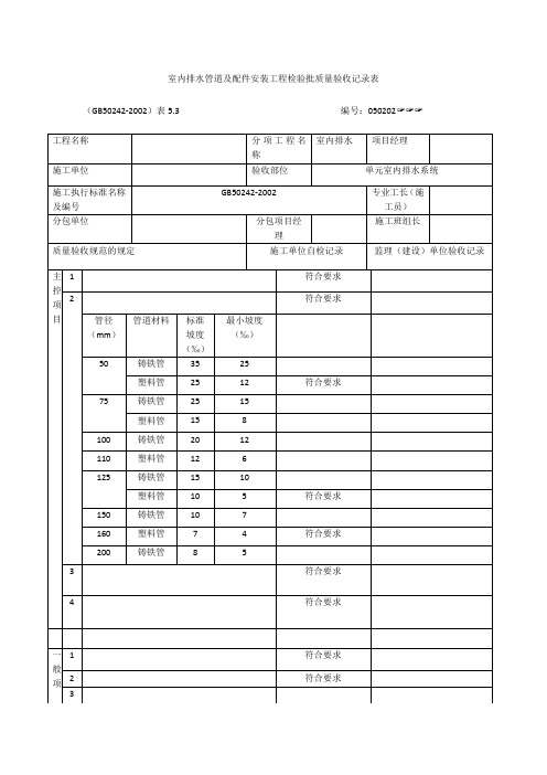 室内排水管道及配件安装工程检验批质量验收记录