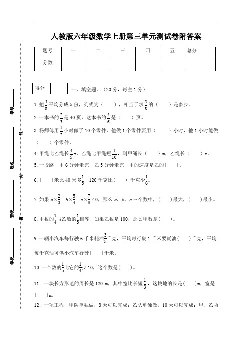 人教版六年级数学上册第三单元测试卷附答案