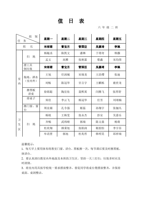 六、二班值日表、课程表