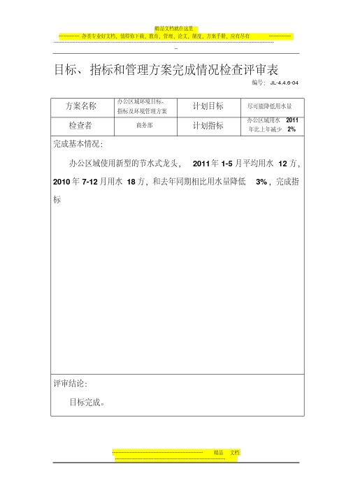 目标、指标和管理方案完成情况检查评审表