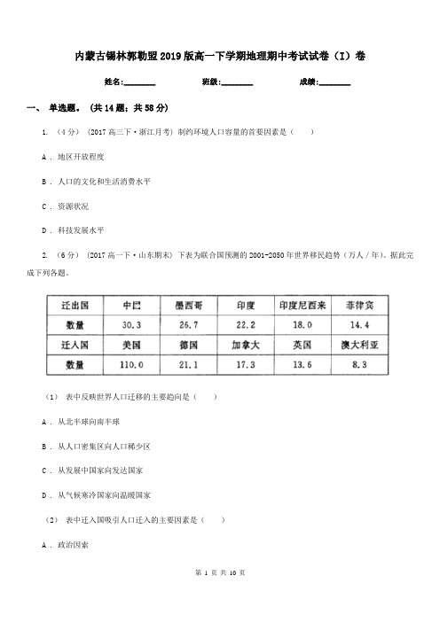 内蒙古锡林郭勒盟2019版高一下学期地理期中考试试卷(I)卷