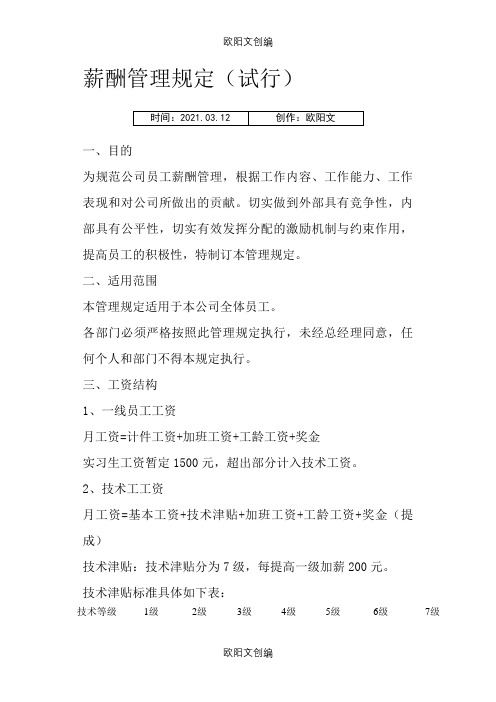 薪酬管理规定之欧阳文创编