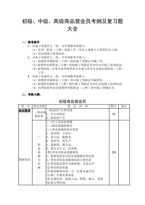 初级、中级、高级商品营业员考纲及复习题大全