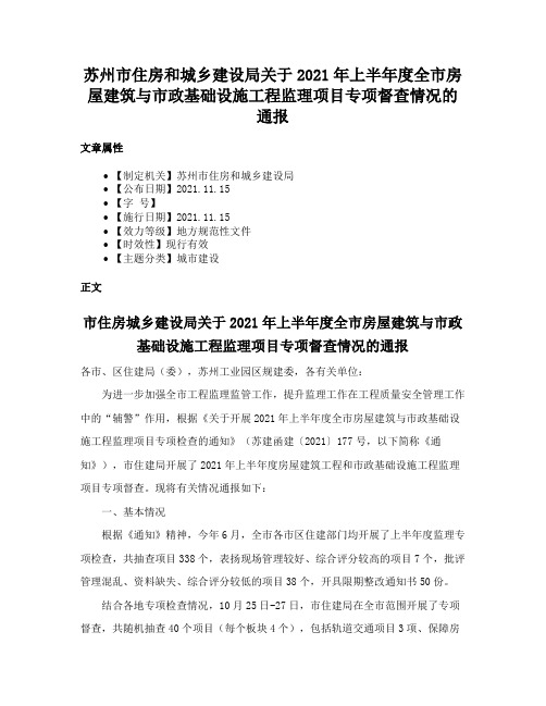 苏州市住房和城乡建设局关于2021年上半年度全市房屋建筑与市政基础设施工程监理项目专项督查情况的通报