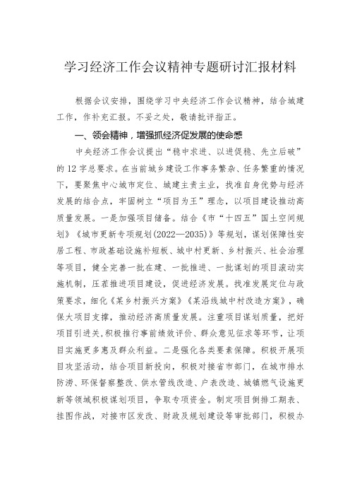 学习经济工作会议精神专题研讨汇报材料