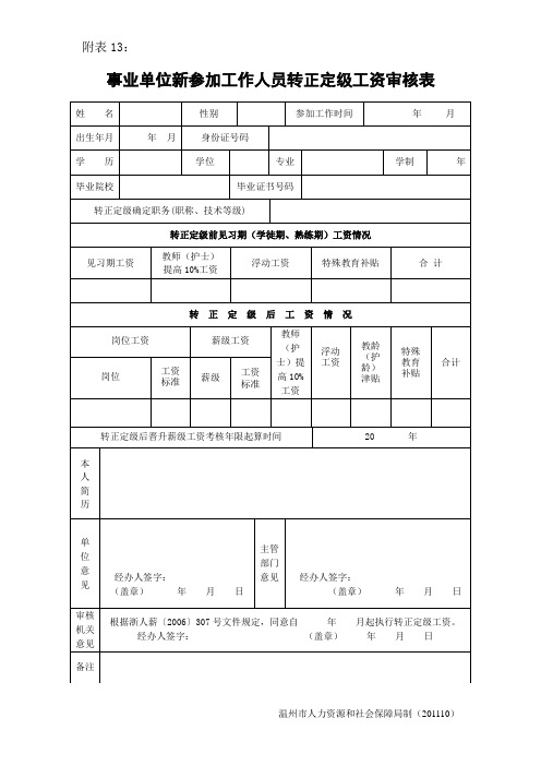 事业单位新参加工作人员转正定级工资审核表